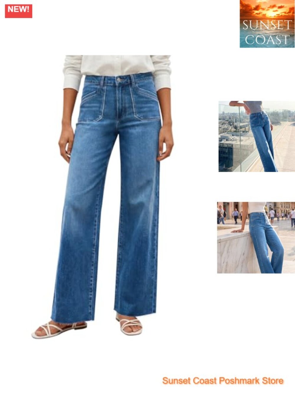 Wide Leg High Waisted Jeans Stretchy Denim Pants with Side Pockets
